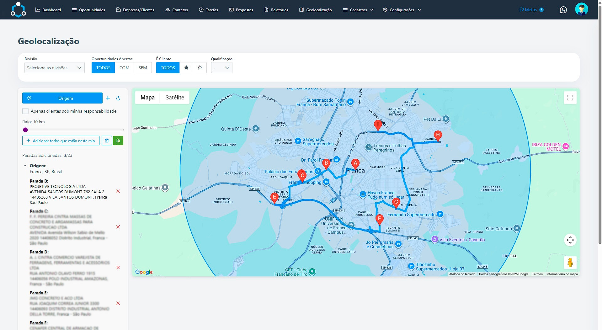 Geolocalização e rotas de clientes - CRM Projetive